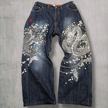 Karakuri Tamashii Dragon Koi Sakura Embroidery Denim Jeans W42 Rare