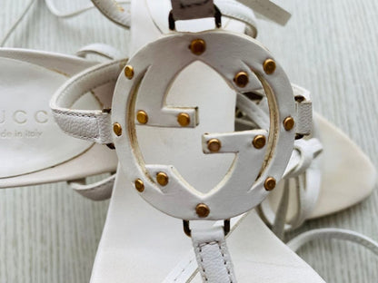 Gucci Women Lace-Up Sandals White 6.5US Excellent Used Leather Shoes