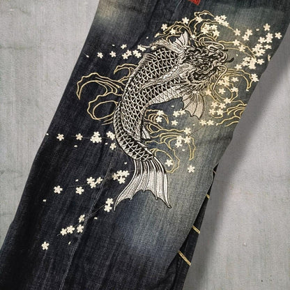 Karakuri Tamashii Dragon Koi Sakura Embroidery Denim Jeans W42 Rare