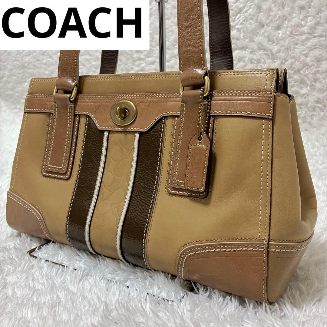 Coach Signature Hamptons Leather Tote Bag Brown Beige Vintage Authentic