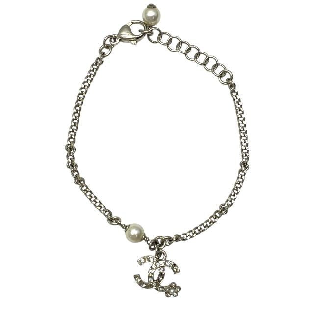 CHANEL Bracelet C21B Coco Mark Accessory Jewelry Pearl Rhine Silver