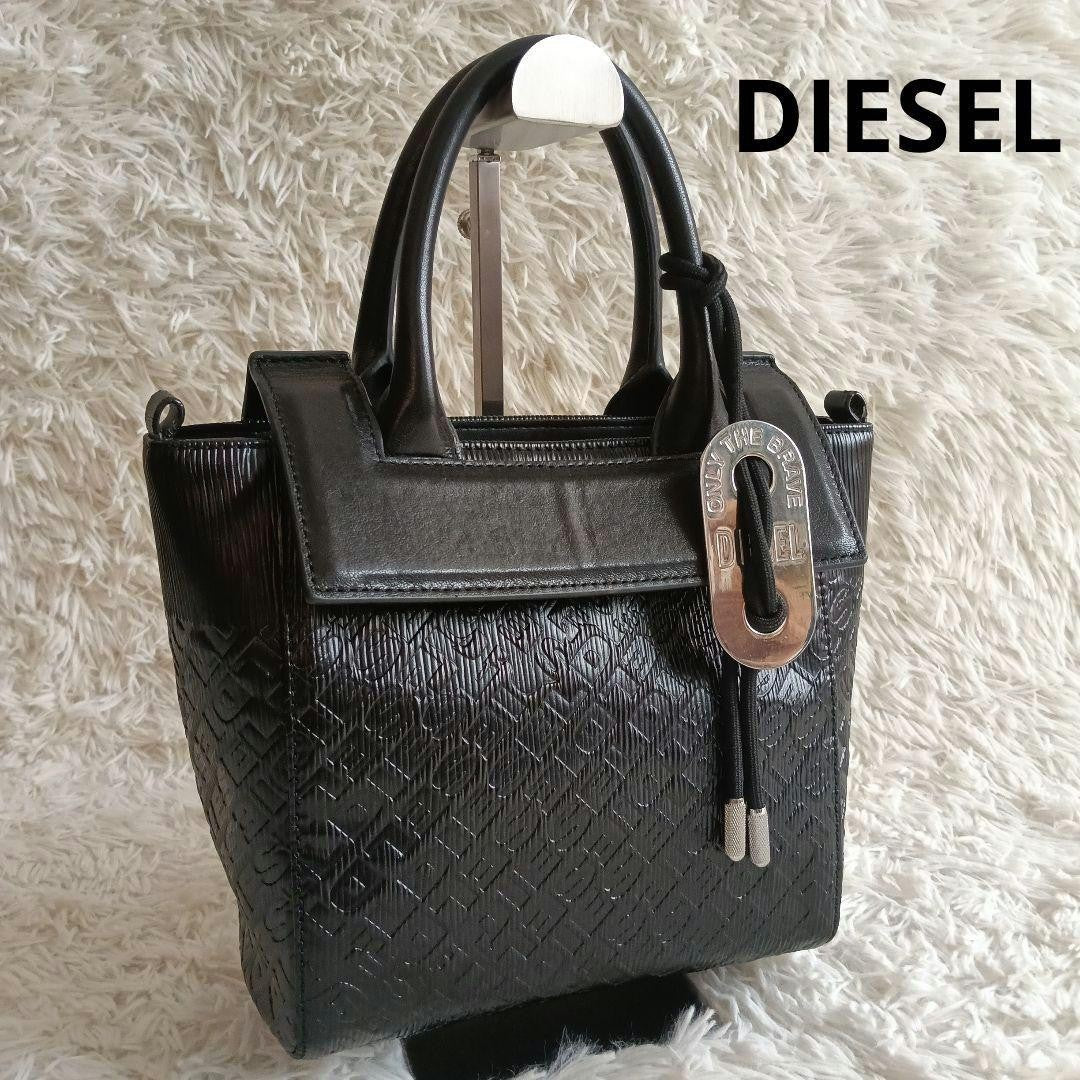 DIESEL Embossed Logo Black Leather Shoulder Bag Monogram Handbag Excellent Cond