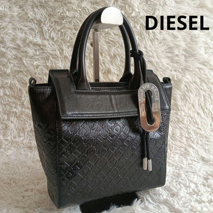 DIESEL Embossed Logo Black Leather Shoulder Bag Monogram Handbag Excellent Cond