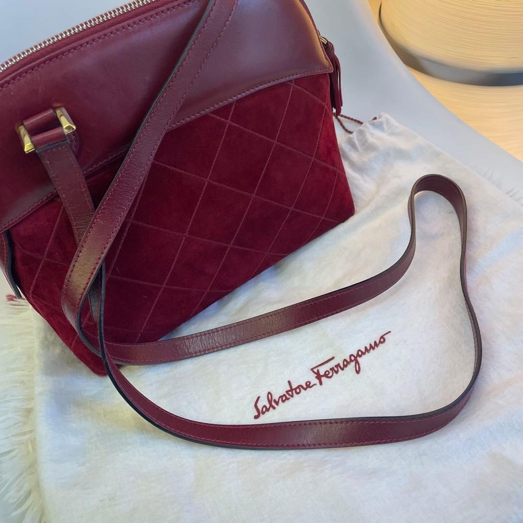 Ferragamo Suede Shoulder Bag Red Women Made in Italy Authentic from JAPAN