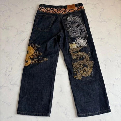New Karakuri Tamashii Dragon Embroidered Denim Pants, Size 36, Sold Out