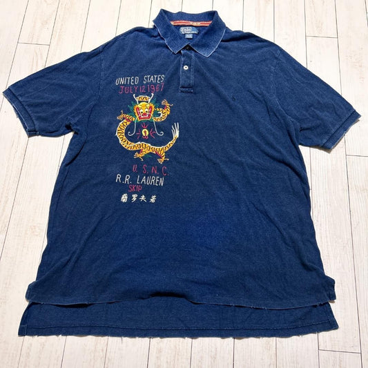 90s Polo Ralph Lauren Vintage Dragon Embroidery Indigo Polo Shirt 3XL F/S