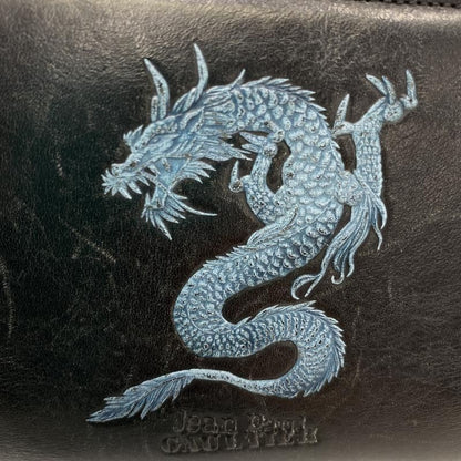 Jean Paul Gaurtier Dragon Embossed Bifold Wallet Black Leather Zip Around Men's