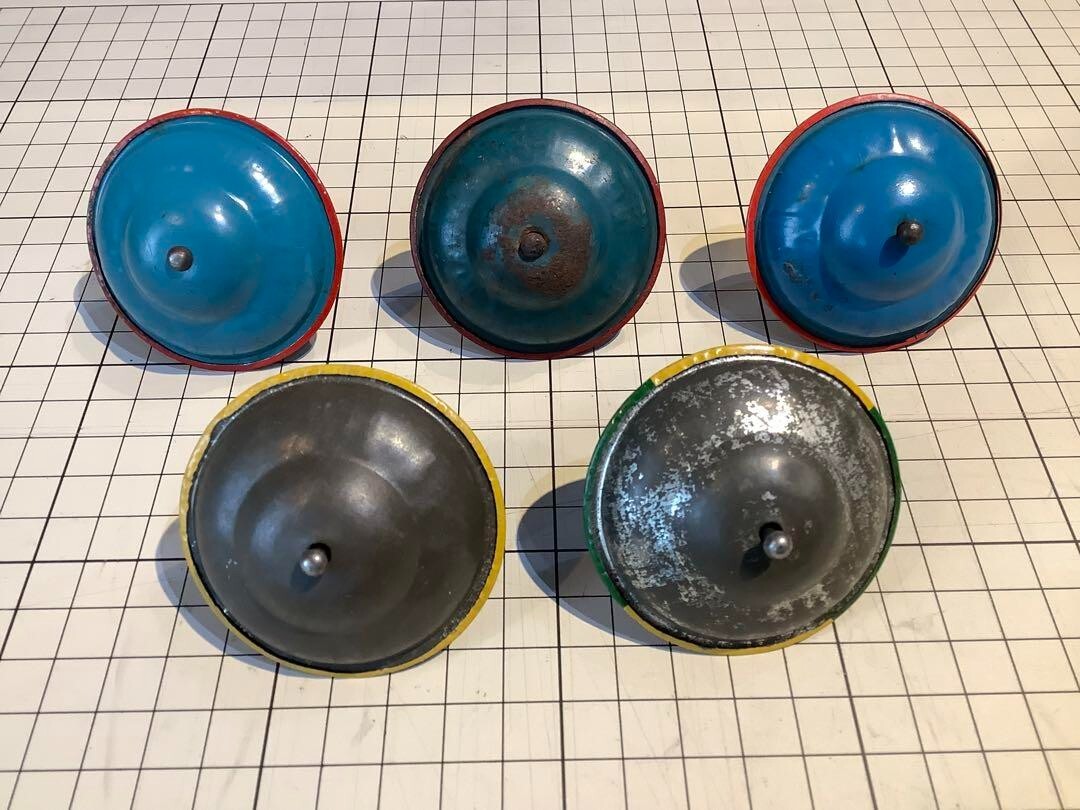 Vintage Japanese Tin Toy Spinning Tops Set of 5, 55mm, Collector's Item
