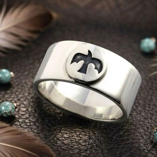 Sterling Silver 925 Ingot Thunderbird Flat Ring, US Size 10