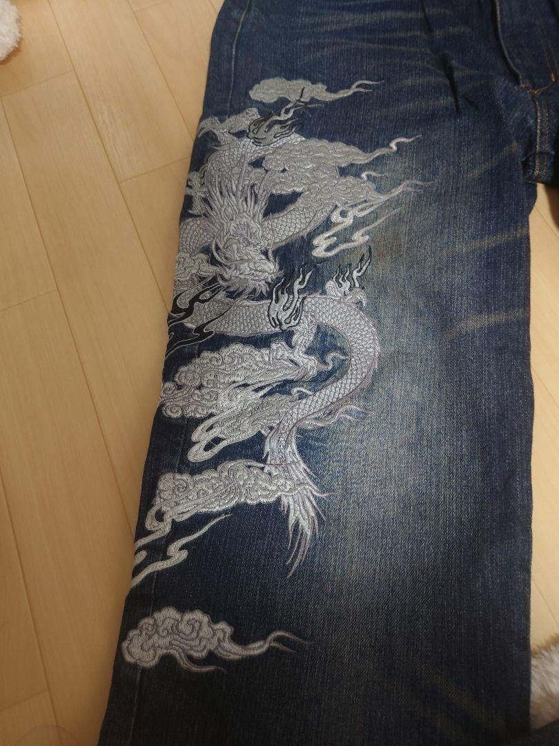 Kacho Fugetsu Men's Denim Jeans Pants Dragon Ryu Embroidered Blue Size 34