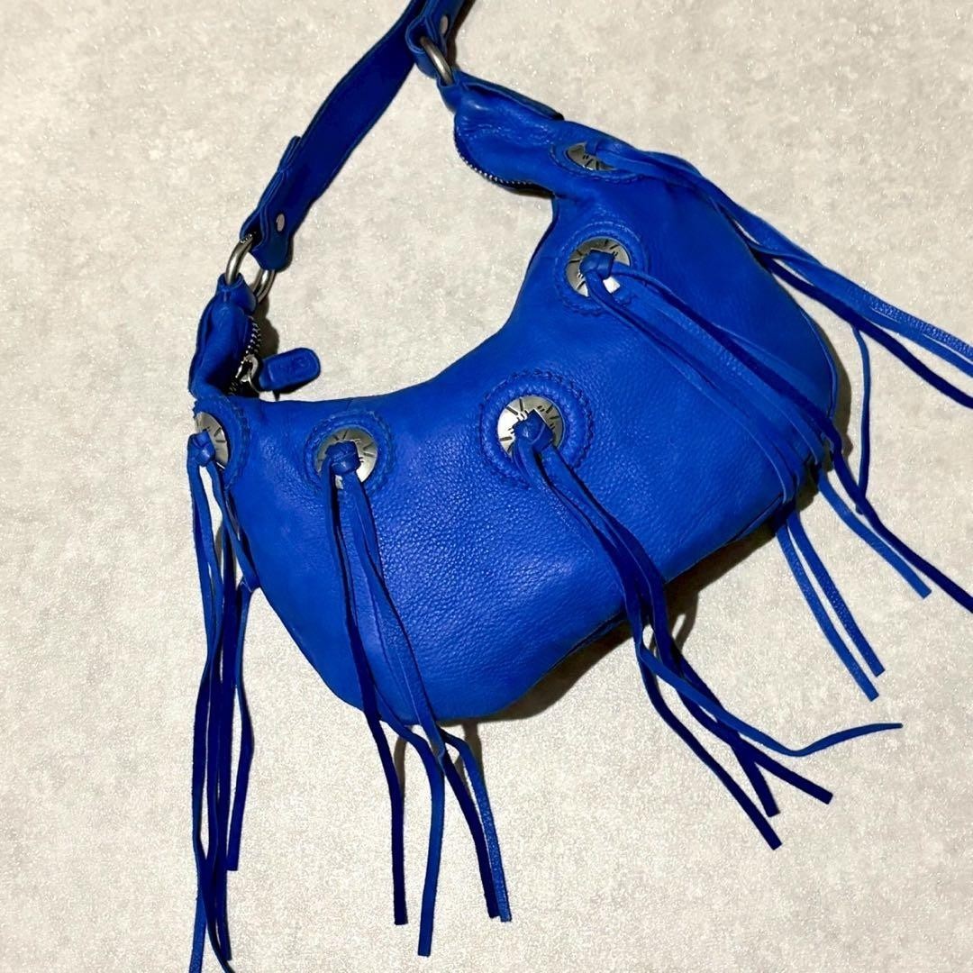 Ralph Lauren Leather Shoulder Bag Handbag Fringe Blue archive Hobo Used Rare