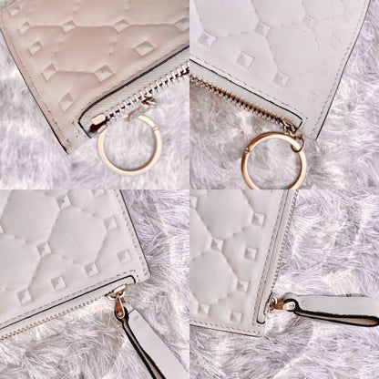 VALENTINO GARAVANI Key Pouch Coin Case Card Holder Wallet Purse Studs Logo Ivory