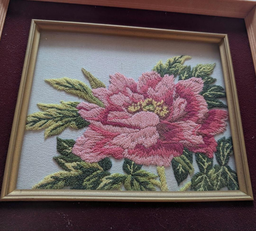 Hand-embroidered Peony Artwork Framed in a Tea-Colored Frame with Surface Glass