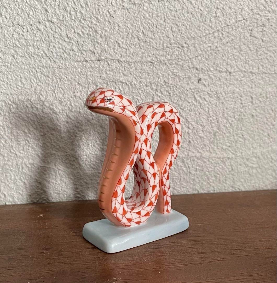 HEREND Year Figurine Zodiac Snake Red 2013 Fishnet Porcelain GOOD JAPAN in Box