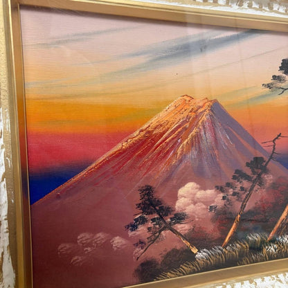 Red Mt. Fuji 3D Wooden Frame Art Showa Retro