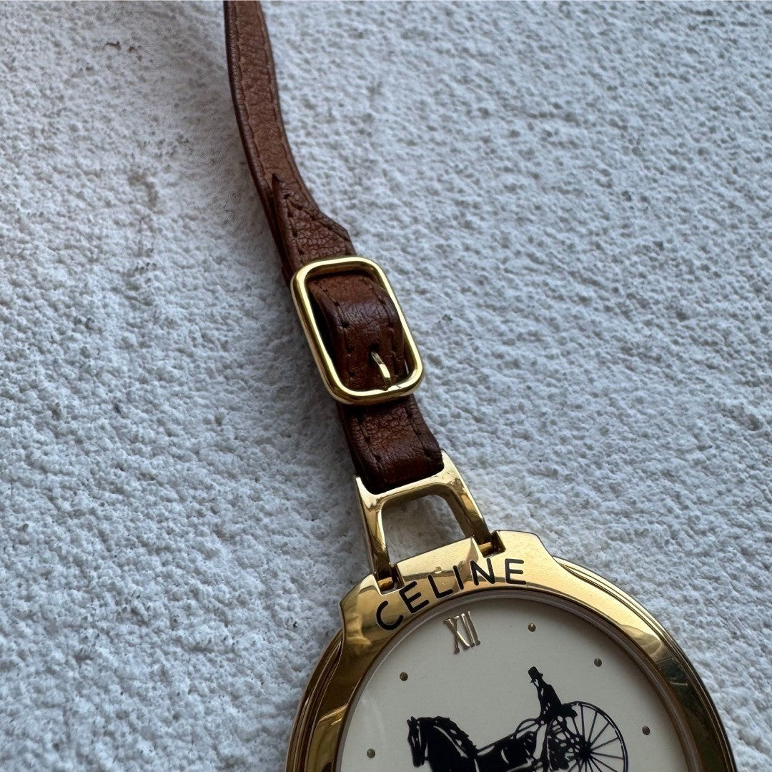 Ultra Rare CELINE Horse Carriage Gold Quartz Pocket Watch Vintage Authentic
