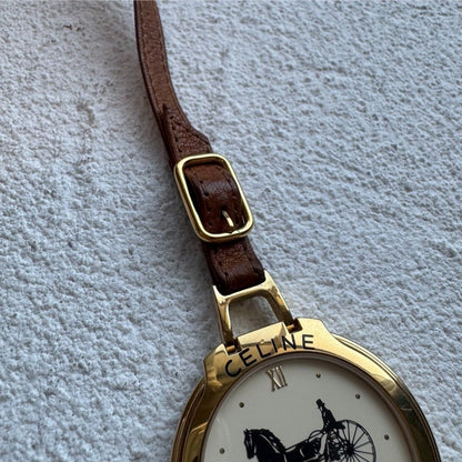 Ultra Rare CELINE Horse Carriage Gold Quartz Pocket Watch Vintage Authentic
