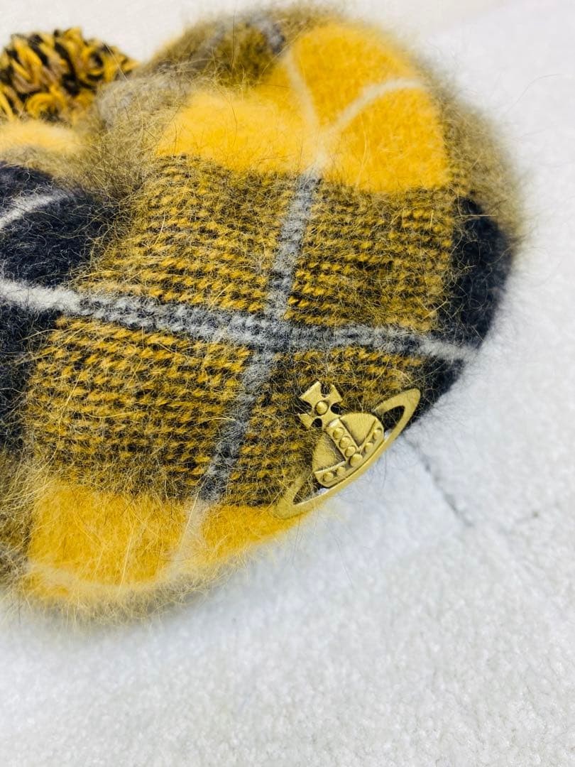 Vivienne Westwood Beret Wool Angora Blend Hat pompom yellow beige check Used