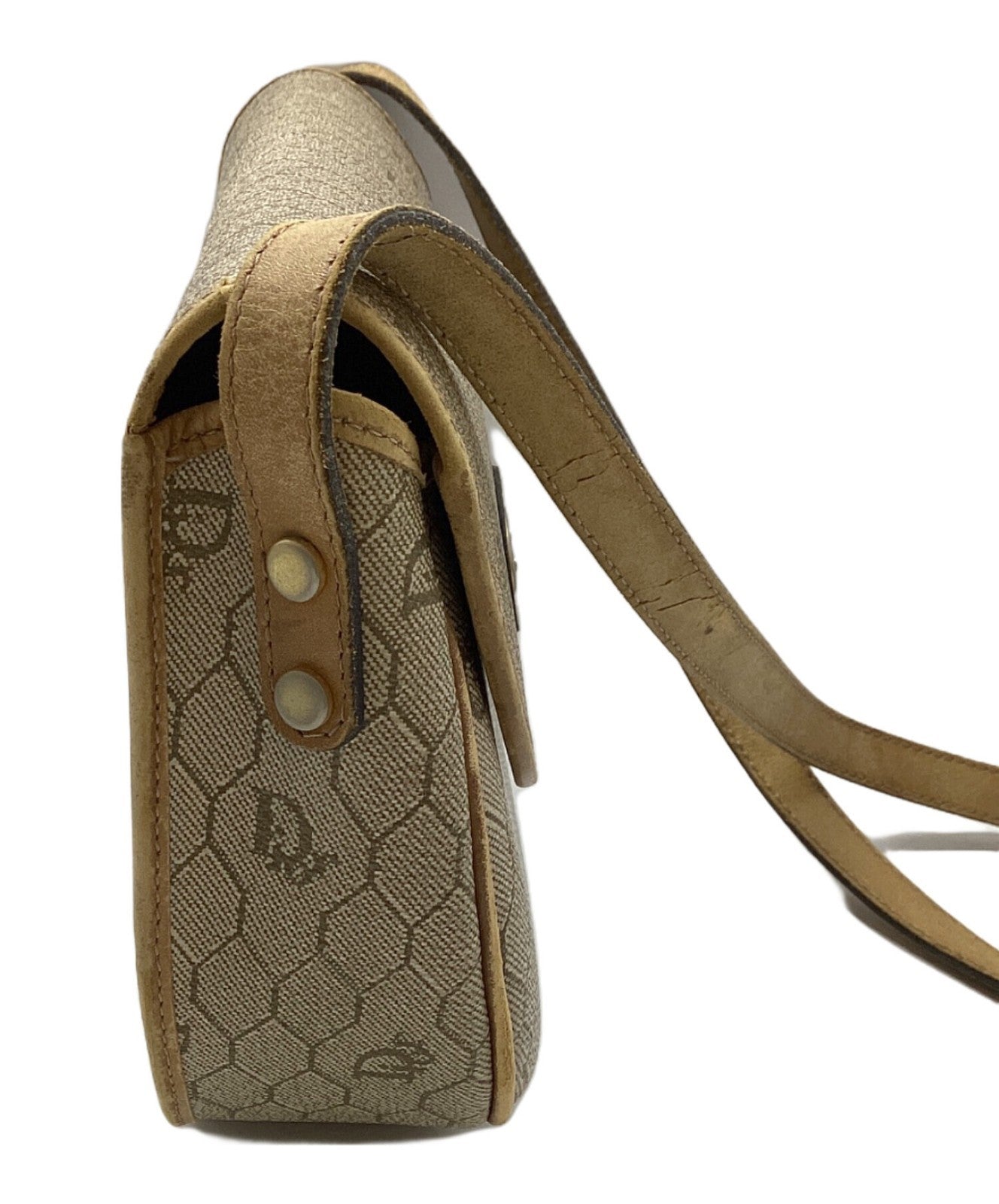 Dior Honeycomb Shoulder Crossbody Bag Beige Canvas Leather Vintage Auth 115534