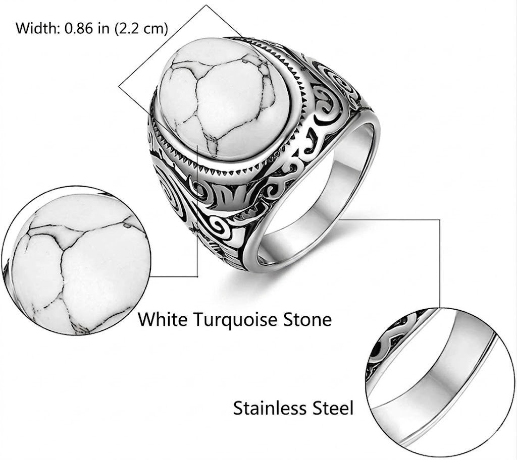 Turquoise signet ring, stainless steel ring, fashion accessory, white, silver