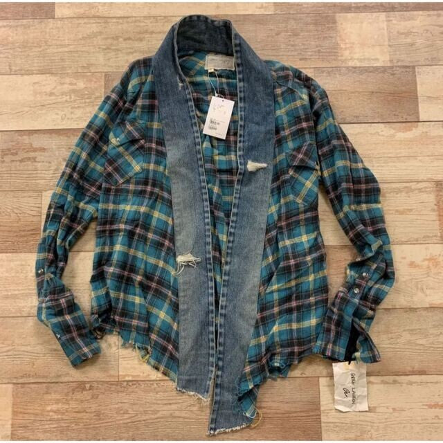 Greg Lauren Men's Kimono Blue Denim Jacket Plaid Size M GKL-10090-A w/tag New