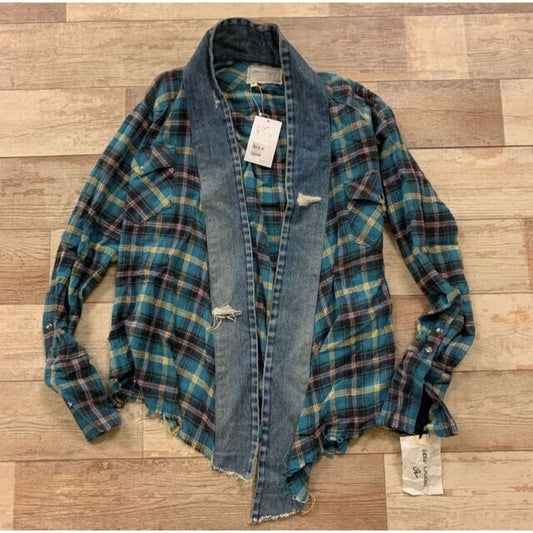 Greg Lauren Men's Kimono Blue Denim Jacket Plaid Size M GKL-10090-A w/tag New