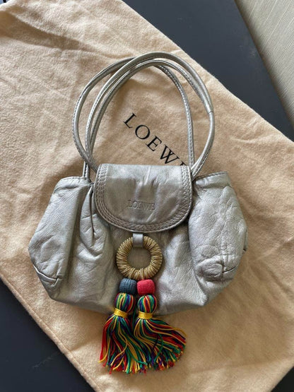 LOEWE Fringe Shoulder Bag Leather Silver tone Auth 99979