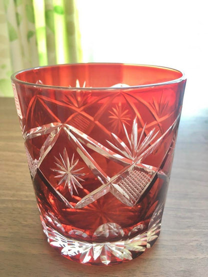 Edo Kiriko Red Crystal Glass with Intricate Design High-Quality Japanese Craft