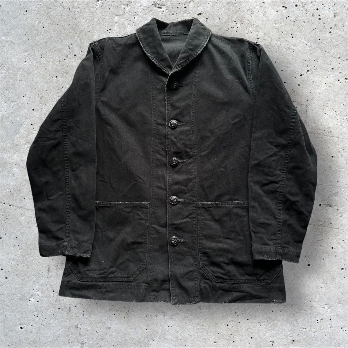 US NAVY Denim Jacket Black L Vintage Processed Canvas Shawl Collar JAPAN