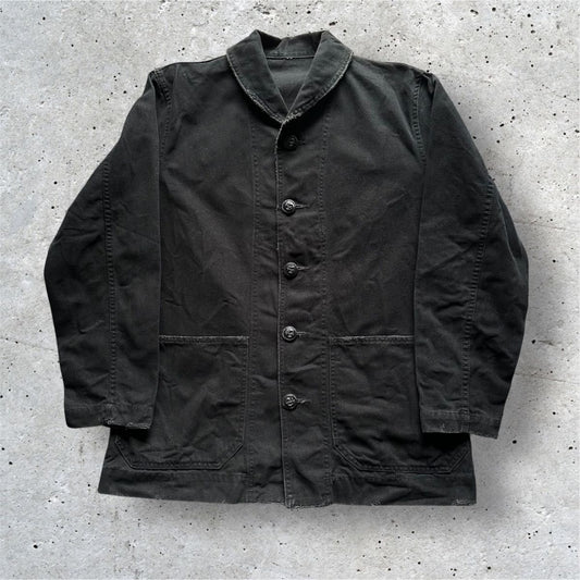 US NAVY Denim Jacket Black L Vintage Processed Canvas Shawl Collar JAPAN