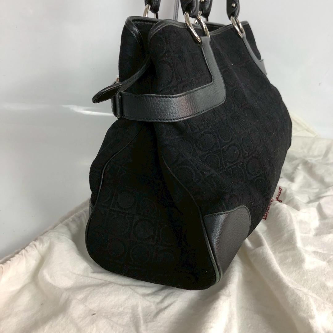 Salvatore Ferragamo Hand Bag Tote Purse Gancini Leather Black Authentic