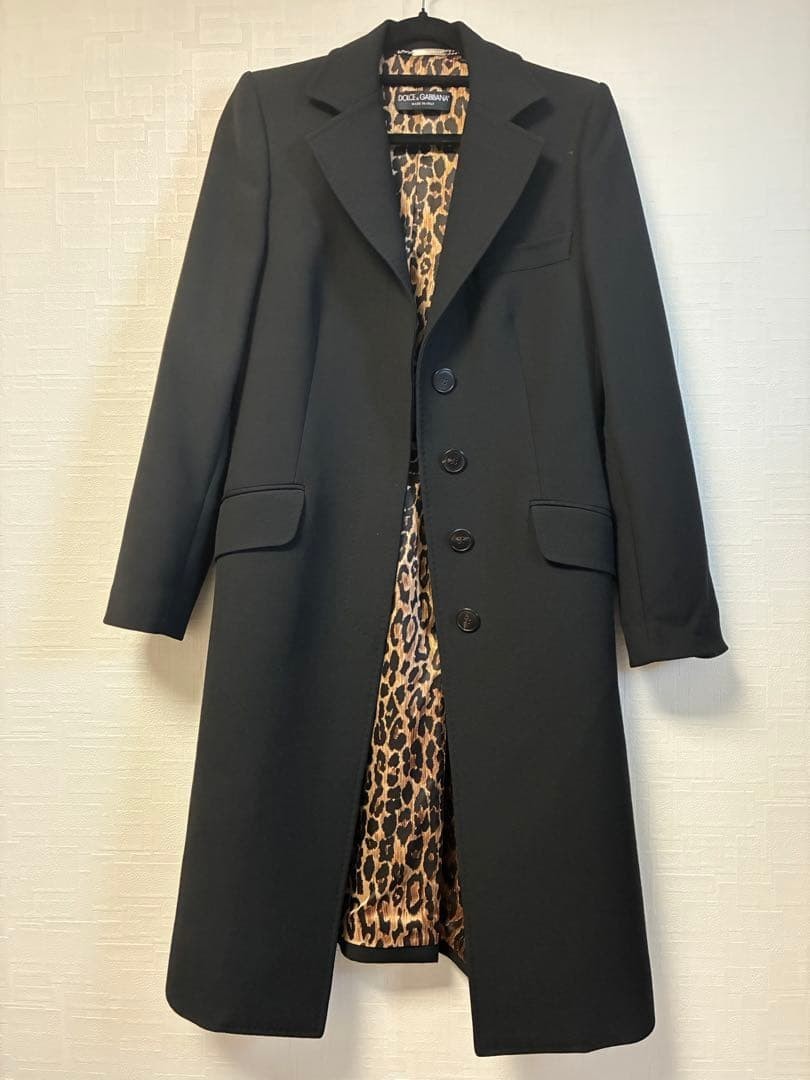 Dolce & Gabbana Long Coat Size S Black with Leopard Print Lining