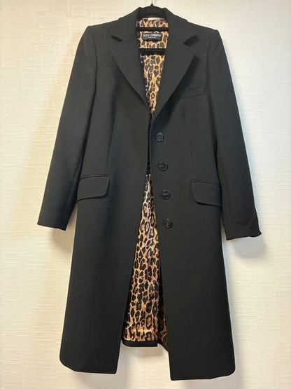 Dolce & Gabbana Long Coat Size S Black with Leopard Print Lining