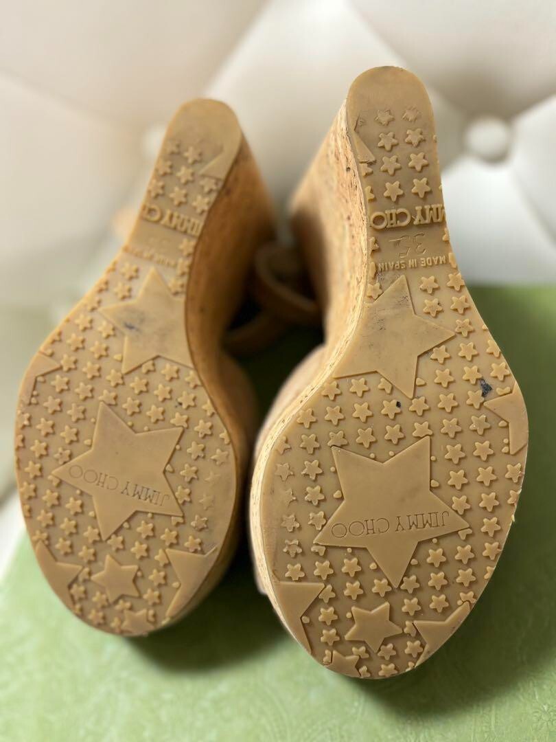 Jimmy Choo Wedge Sole Sandals Open Toe Leather Beige Size 35 US About5 For Women