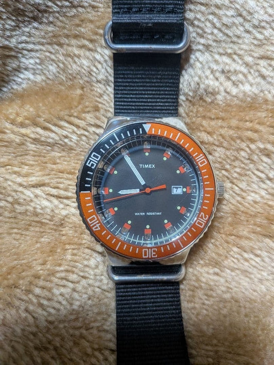 Vintage TIMEX Diver Watch Orange Black Men's Quartz Rare Color
