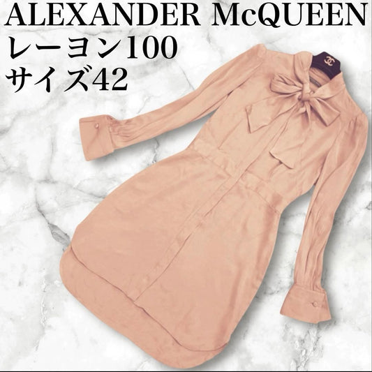 ALEXANDER McQUEEN Shirt Dress Coral Pink Beige Size 42 Long Sleeve