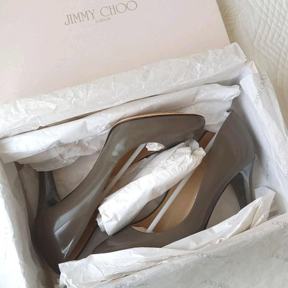 Jimmy Choo Enamel Pumps Sandals Women 34.5/US4.5 Gray WithBox Metal Heel