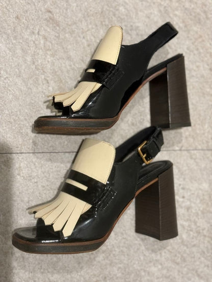 Auth MARNI fringe sandals Shoes Size EU 38 US8 Leather Black White Logo Women
