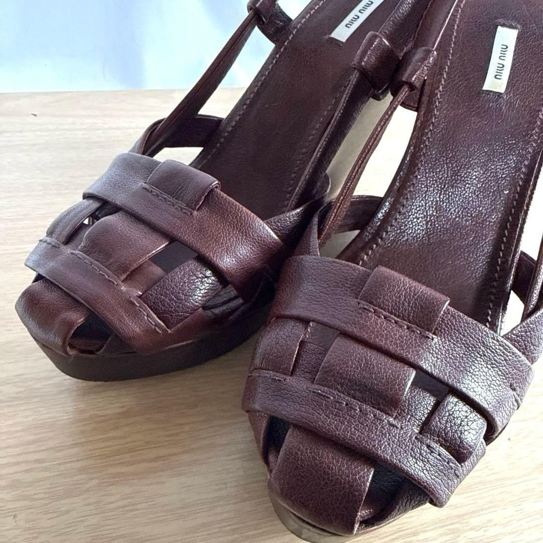 Rare Miu Miu Brown Leather Wedge Sandals 38.5 EU Beautiful Condition
