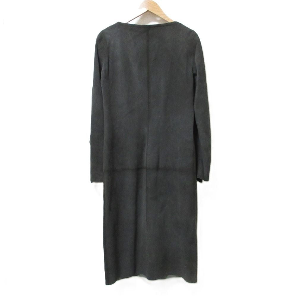 LOEWE Vintage Leather Double Zip Long Coat No Collar Charcoal Gray Women USED