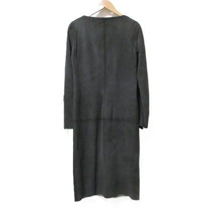 LOEWE Vintage Leather Double Zip Long Coat No Collar Charcoal Gray Women USED
