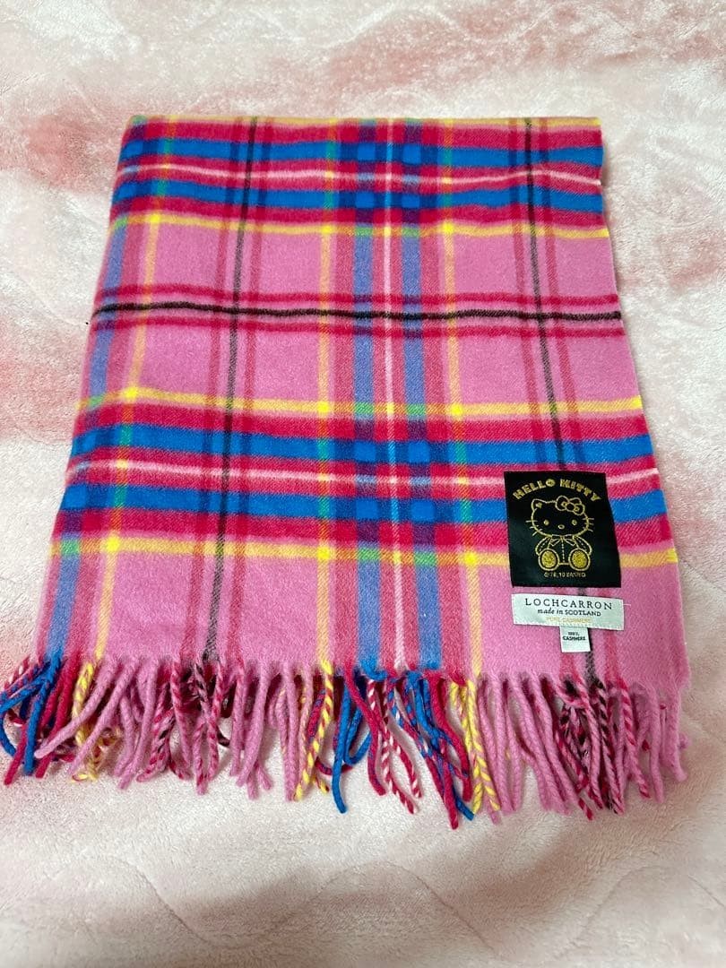 Hello Kitty Cashmere Stole 100% Pink Tartan Scarf Scottish Made Fringe