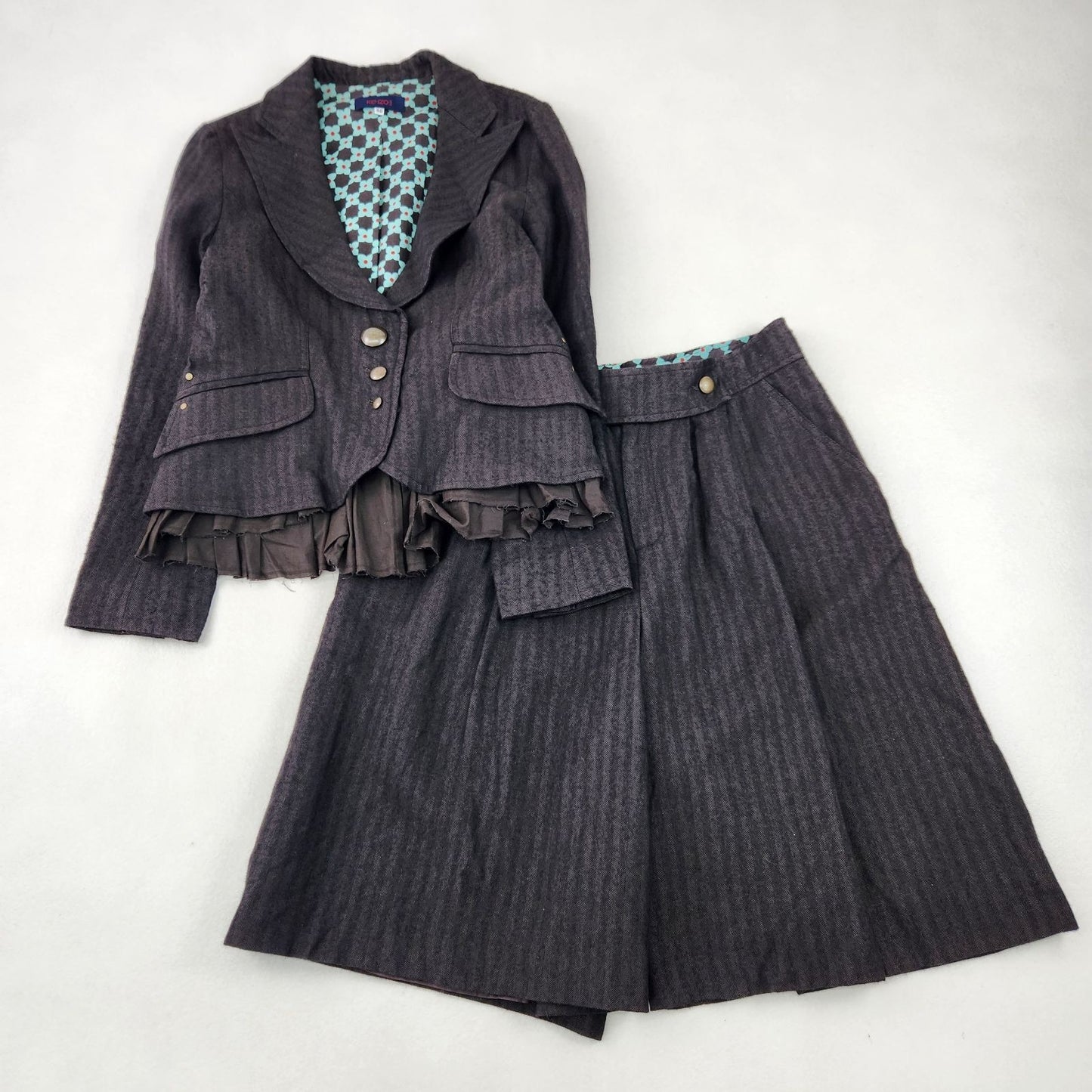 KENZO Vintage Herringbone Suit Set Brown France Wool Linen L