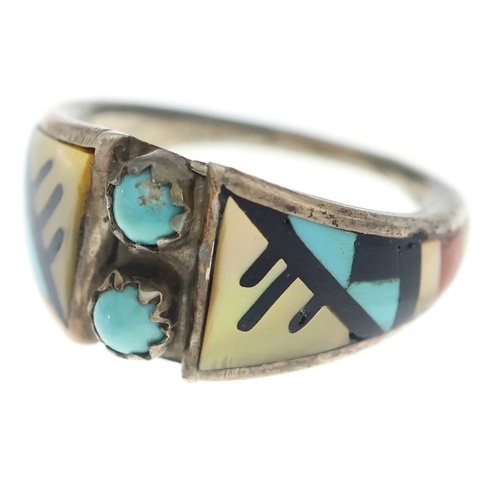 Indian Jewelry ZUNI CHOOKE Chalk Geometric Pattern Inlay Ring Silver/Turquoise