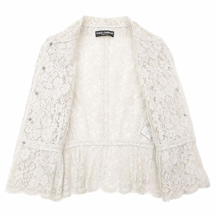 DOLCE&GABBANA Flower Full Lace Tulle Scallop Sheer Jacket Women Size 38 Ivory
