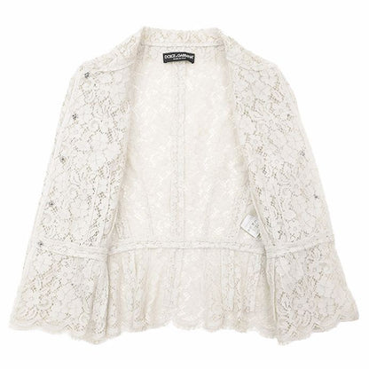 DOLCE&GABBANA Flower Full Lace Tulle Scallop Sheer Jacket Women Size 38 Ivory