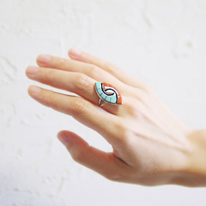 Amy Wesley Zuni Ring: Turquoise & Coral Inlay Friendship Motif. US Size 6.5.