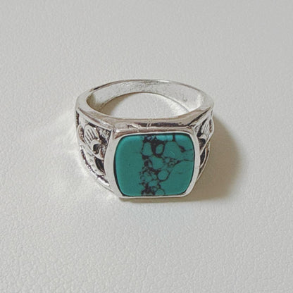 Turquoise Silver Ring, Vintage Eagle Engraving, Men's Size US9