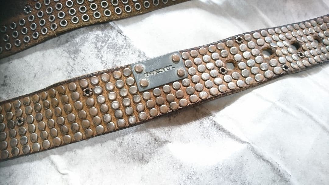 Diesel Men Vintage-like Studded Brown Leather Belt Total length 102cm Luxury LTD
