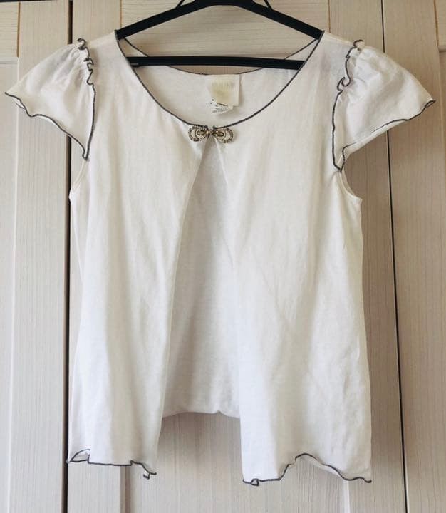 Anna Sui White Short Sleeve Cardigan XS Frill Ribbon Stickon Button Japan